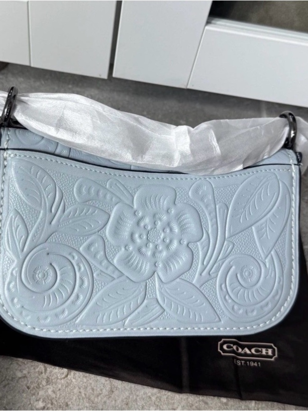 Coach Pale Blue Floral Leather Crossbody with Gunmetal Chain - Picture 10 of 13